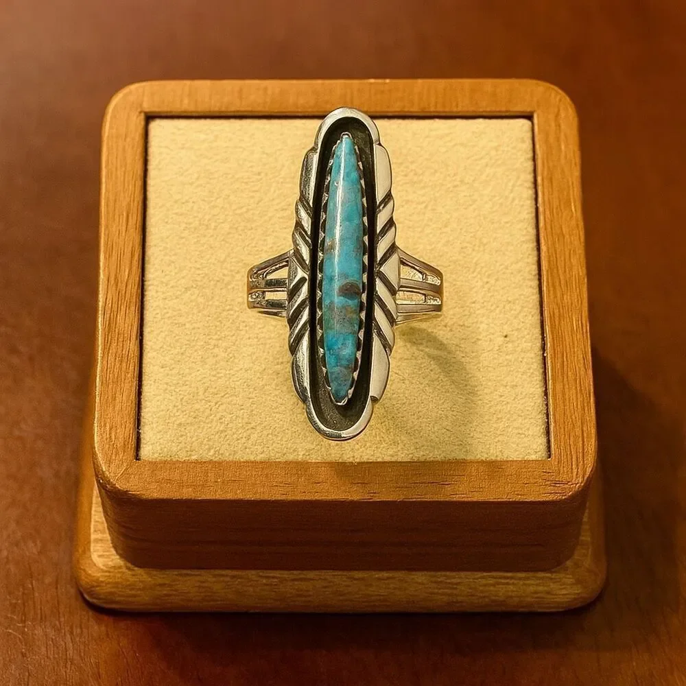 Sterling Silver Turquoise Statement Ring – Feather Design, Southwestern Size 7